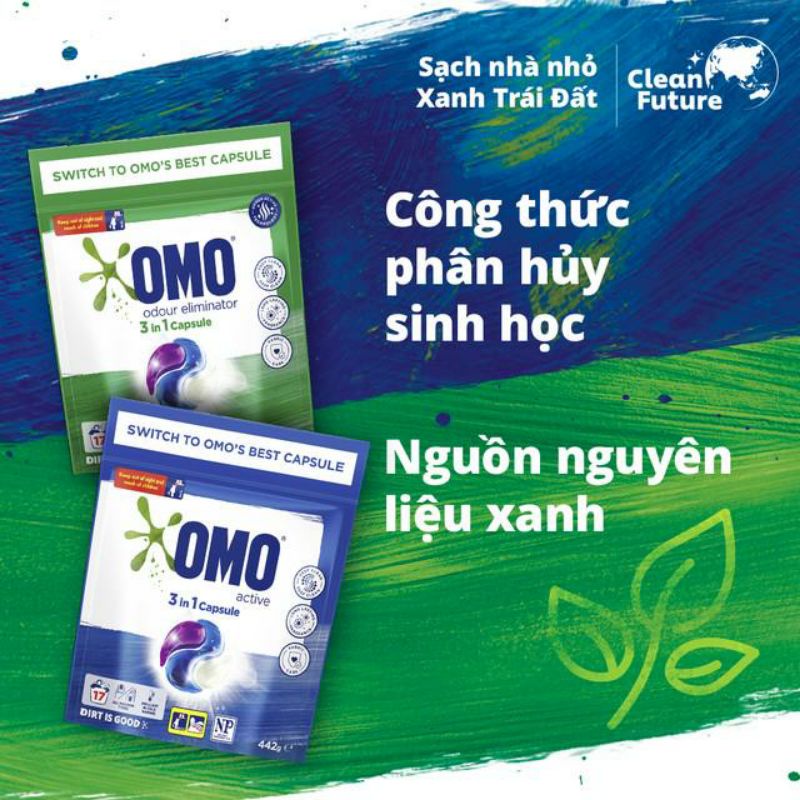 viên giặt omo tiện lợi công nghệ Anh Quốc - bền màu (17 viên/ túi) dùng cho máy giặt cửa ngang&amp; cửa chước