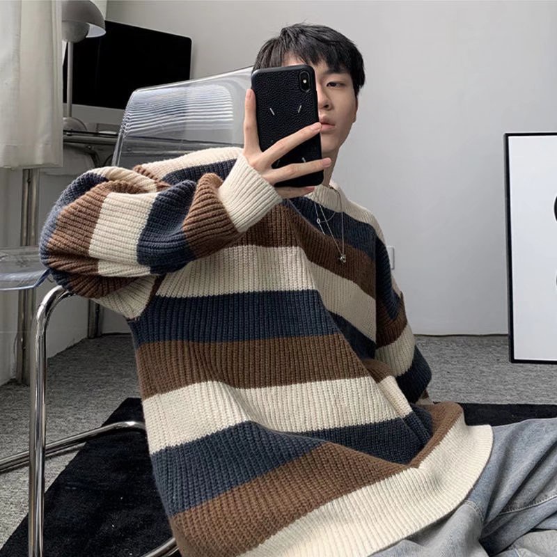 Áo len cổ tròn dáng rộng họa tiết kẻ sọc màu sắc thời trang cho nam và nữ