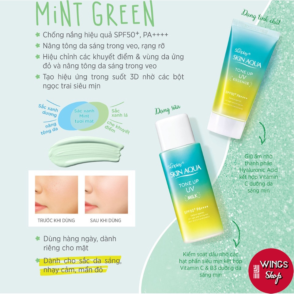 Tinh chất chống nắng nâng tông dành cho da khô/thường Sunplay Skin Aqua Tone Up UV Essence-Mint Green 50G