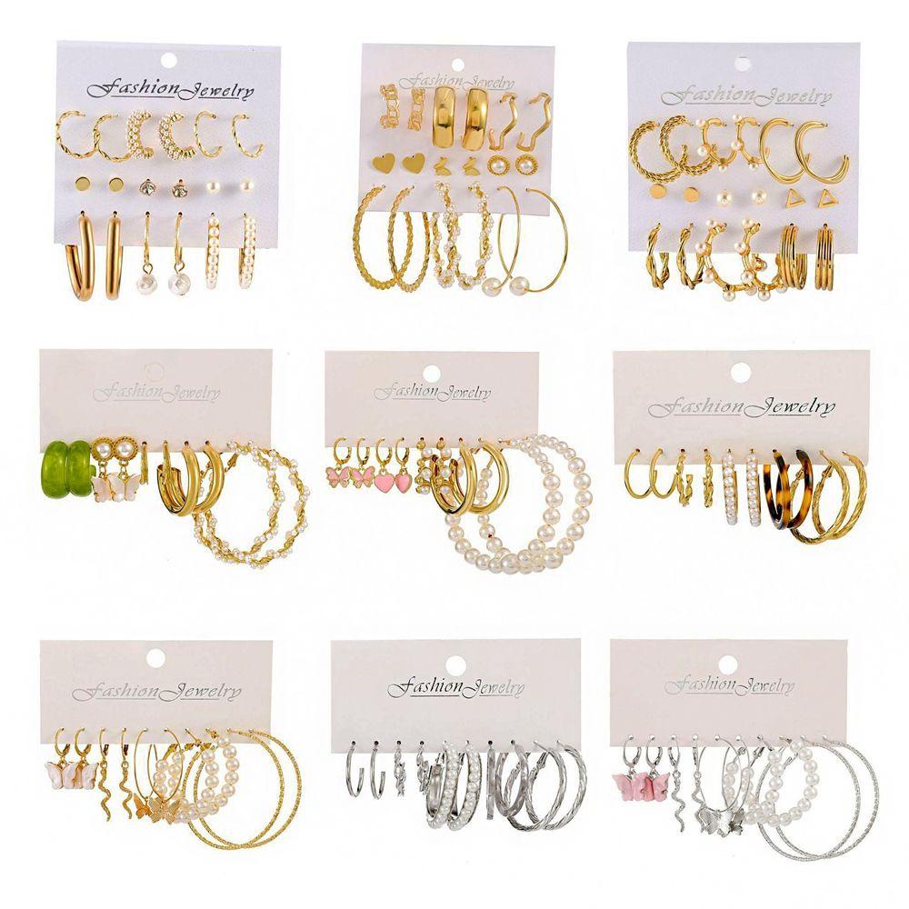 Set 9 Đôi Bông Tai Họa Tiết Da Rắn / Bướm / Hình Học Đơn Giản Cá TínhSet Khuyên Tai Hình Trái Tim Đính Đá Thời Trang Cho Nữ