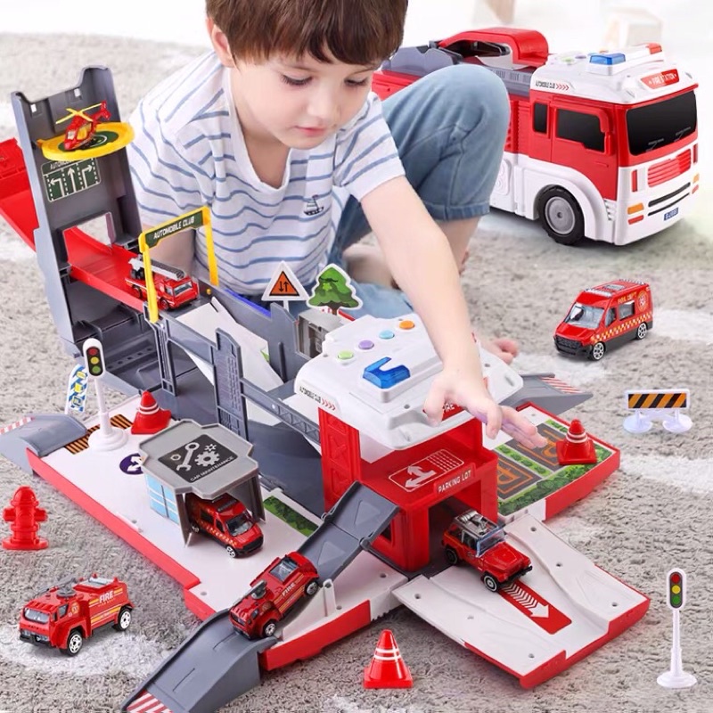 ĐỒ CHƠI Ô TÔ BIẾN HÌNH CÓ NHẠC CÓ ĐÈN CÓ ĐƯỜNG RAY + 5 OTO Mô hình cảnh sát, cứu hoả, xe cẩu