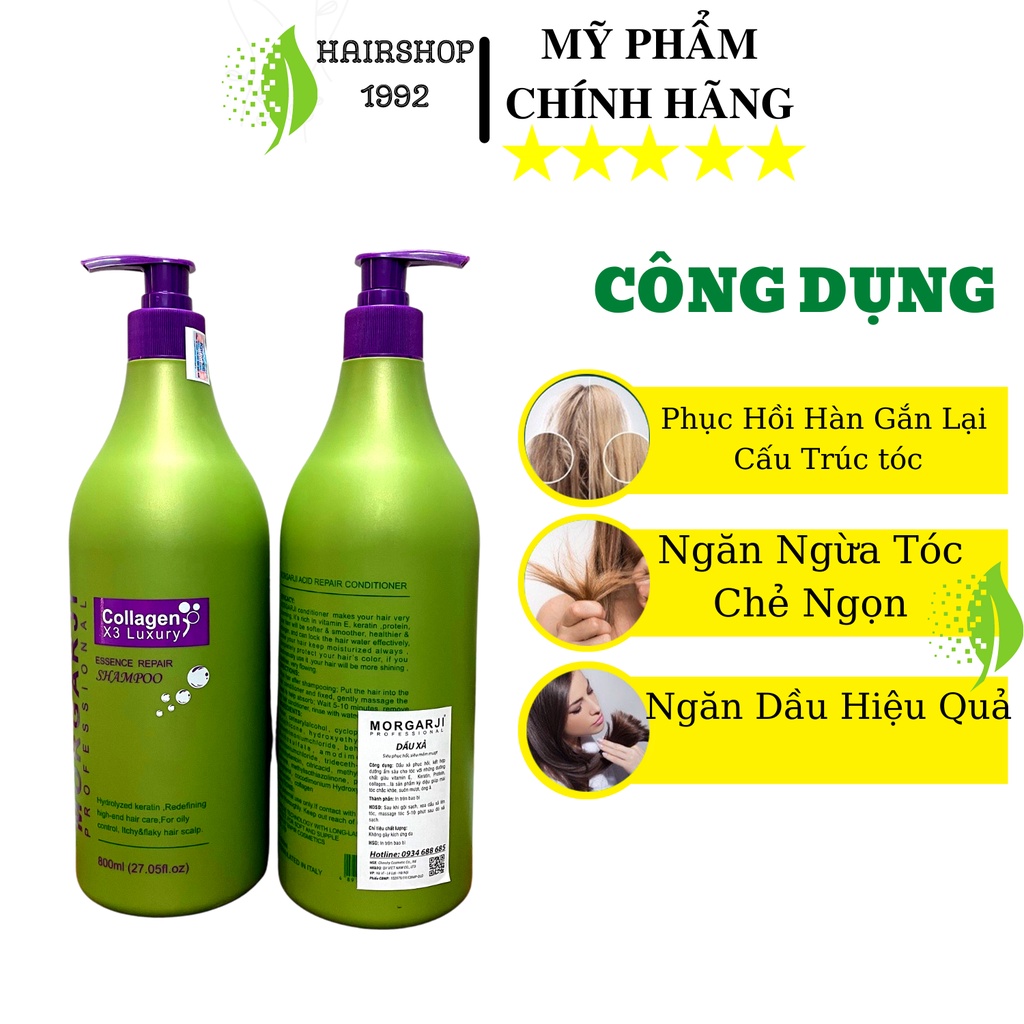 Dầu Gội Xả Colagen MORGARJI Phục Hồi Tóc Hư Tổn Siêu Mượt Hương Thơm Hoa Quả 800ml * 2. Bộ Dầu Gội Colagen