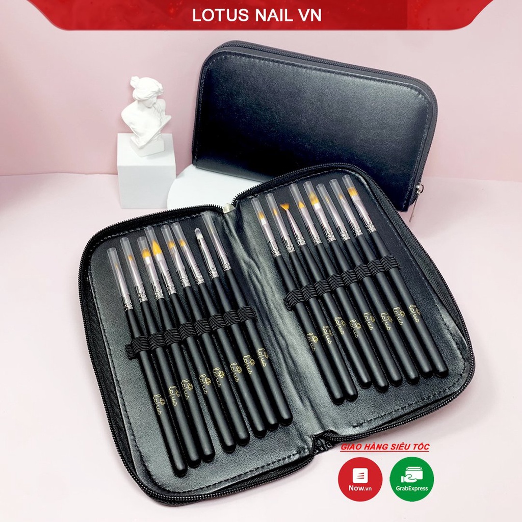 Bộ cọ nail vẽ móng Lotus 16 cây cao cấp đủ loại, bao da xịn