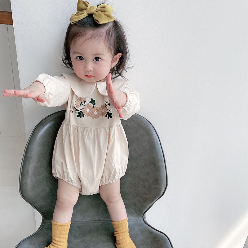 Áo Liền Quần Tay Dài Màu Trơn Thêu Họa Tiết Phong Cách Hàn Quốc Mới Cho Bé Gái