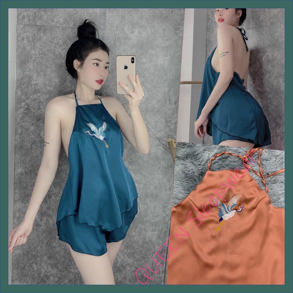 Đồ Ngủ Sexy Cổ Yếm thêu hạc chất satin mềm mịn hở lưng Freesize  - DCQ Shop