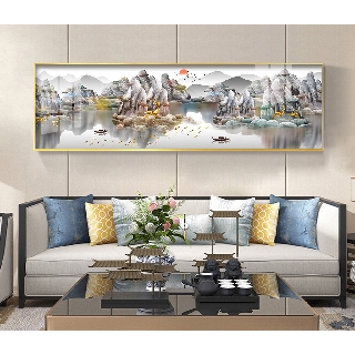 Tranh ghép nghệ thuật hiện đại Phong thuỷ núi non và nai tài lộc bóng kính hoặc canvas ZTU_103251