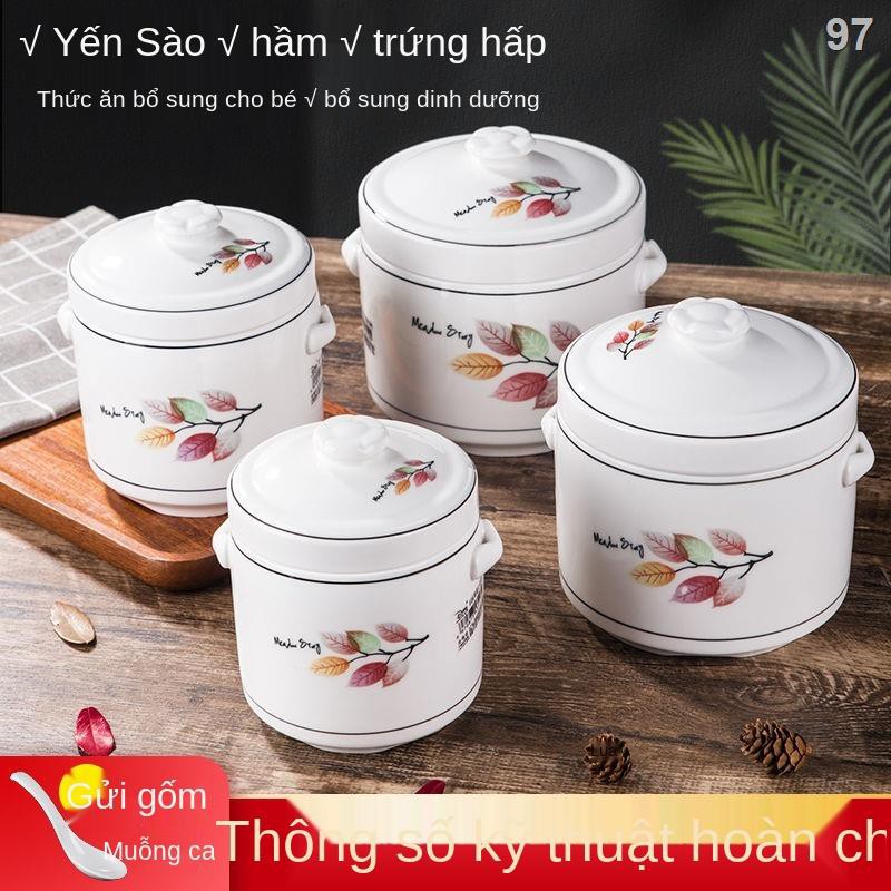 XChén hầm hai nắp bằng gốm sứ chưng cách thủy tổ yến có bên hấp trứng gia đình nồi nhỏ súp mini