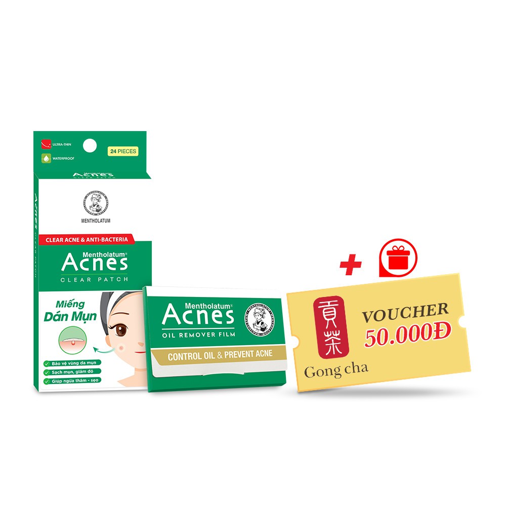 Combo miếng dán mụn Acnes Clear Patch 24 miếng & Phim thấm dầu Oil Remover Film 50 tờ + Tặng Voucher Gongcha 50K