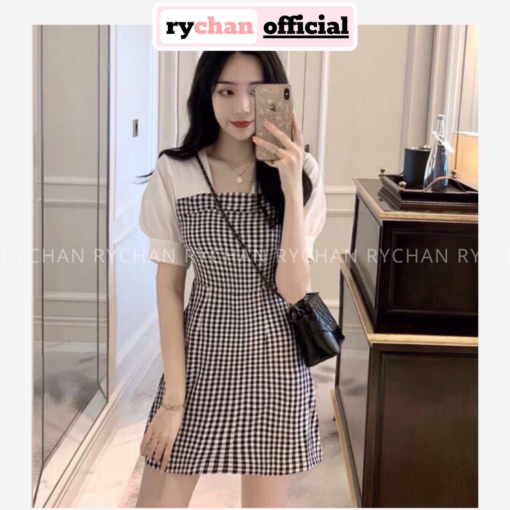 Đầm Xoè Chữ A Caro Cổ Vuông Phối Tay Trắng [ẢNH THẬT CUỐI] - DX716