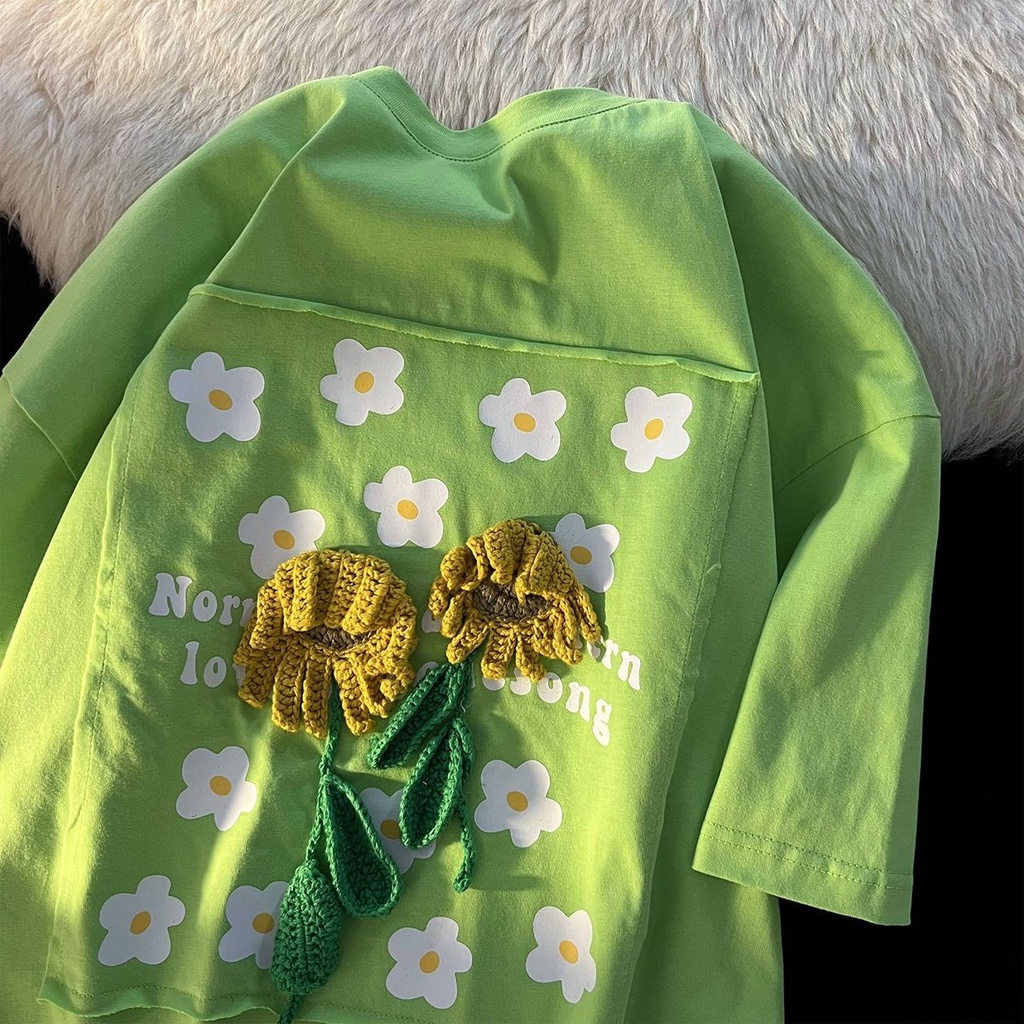 Áo Thun Cotton Tay Ngắn Họa Tiết Hoa Hướng Dương Và Chữ Phong Cách Hàn Quốc Cho Nữ