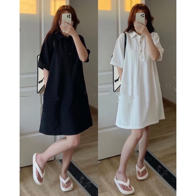 Váy sơ mi nữ form rộng chất xốp, Đầm polo phong cách Hàn Quốc hai màu đen trắng Kozoda D87
