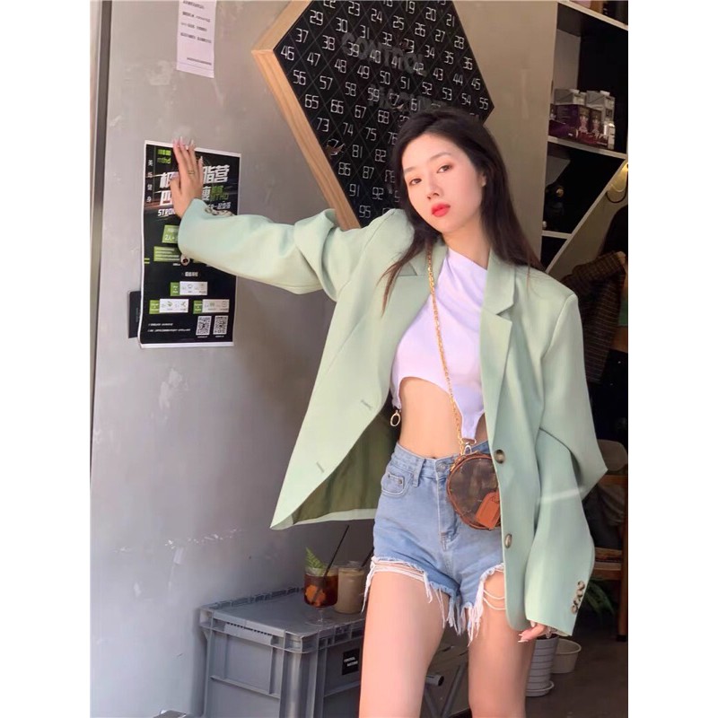 Áo blazer/ áo khoác xanh mint trơn phong cach Hàn Quốc