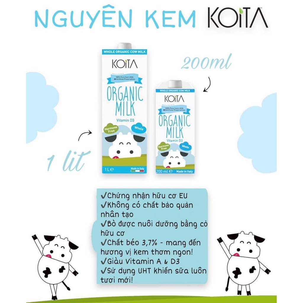 Sữa tươi hữu cơ nguyên kem - ít béo Koita 200ml - 1l