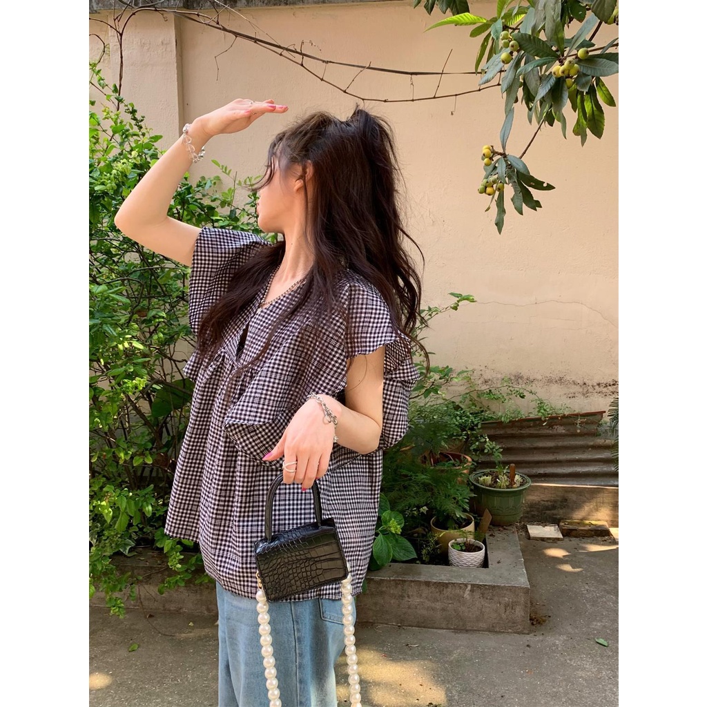 Áo Sơ Mi Cổ Chữ V Tay Cánh Tiên Dáng Rộng Phong Cách Hàn Quốc Thời Trang Mùa Hè Dành Cho Nữ