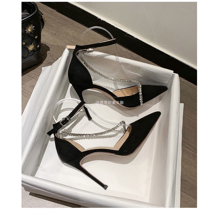 Giày Sandal Cao Gót Mũi Nhọn Khoét Rỗng Đính Đá Màu Đen Quyến Rũ Thời Trang Đi Biển Cho Nữ 2022