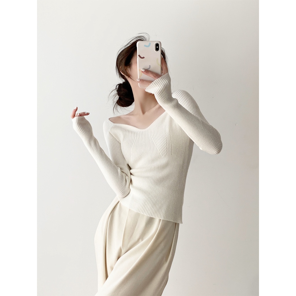 Áo kiểu ZHELIHANGFEI vải dệt kim tay dài hở vai thời trang quyến rũ cho nữ