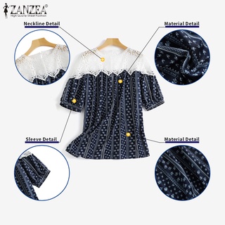 Áo kiểu Zanzea tay lửng cổ tròn phối ren hoa cho nữ