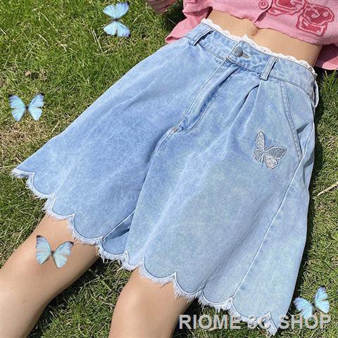 Quần Short Jean Ống Rộng Lưng Cao Phối Ren Hình Bướm Trẻ Trung Cho Nữ