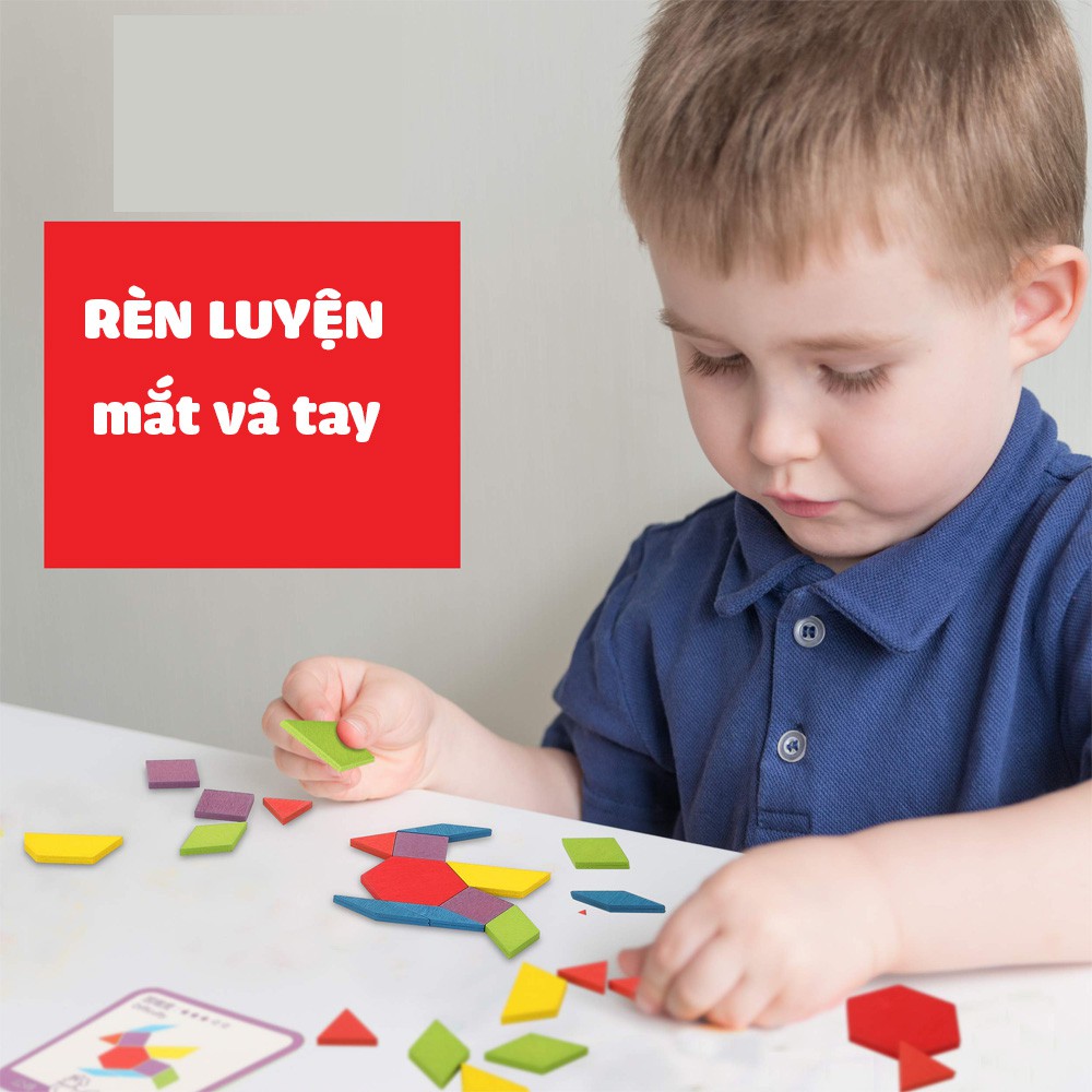 Bộ Ghép Hình Sáng Tạo Pattern Block 155 Chi Tiết, đồ chơi gỗ, giáo cụ montessori, dành cho bé từ 3 tuổi trở lên