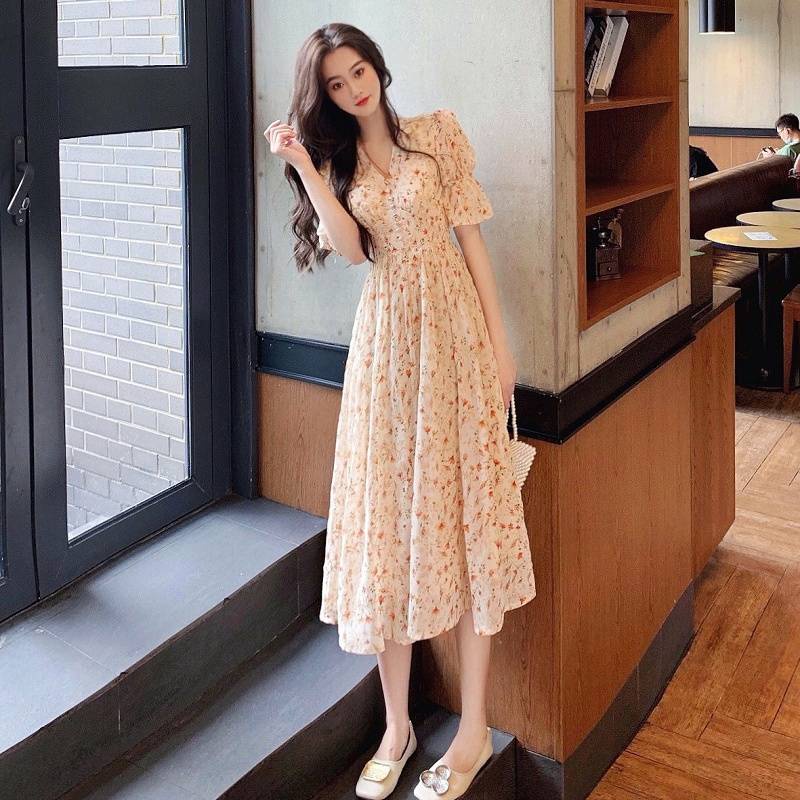 Đầm Chiffon Dài Qua Gối In Họa Tiết Hoa Phong Cách Pháp Cổ Điển Thời Trang Mùa Hè Năm 2021