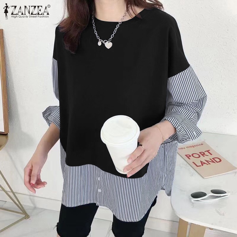 Áo kiểu ZANZEA giả hai lớp kẻ sọc tay dài cổ chữ O thời trang cho nữ