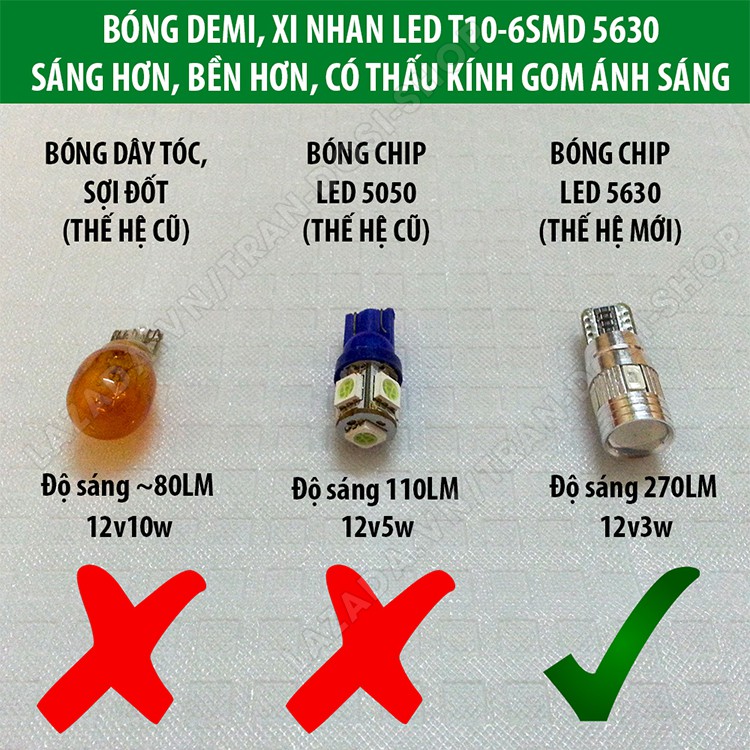 Cặp (02 bóng) đèn led demi, xi nhan thấu kính siêu sáng T10 6SMD 5630