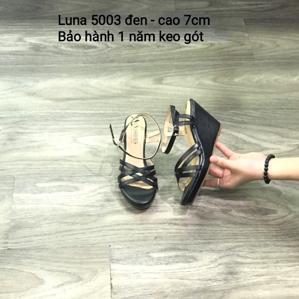 Dép sandal nữ đế cao 7p LUNASHOES 5003 da si bảo hành 1 năm có quai ngang màu kem giầy quai hậu cho mẹ