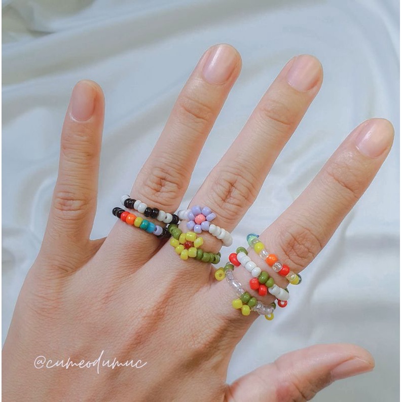 Nhẫn hạt cườm nhiều màu sắc dây chun co giãn