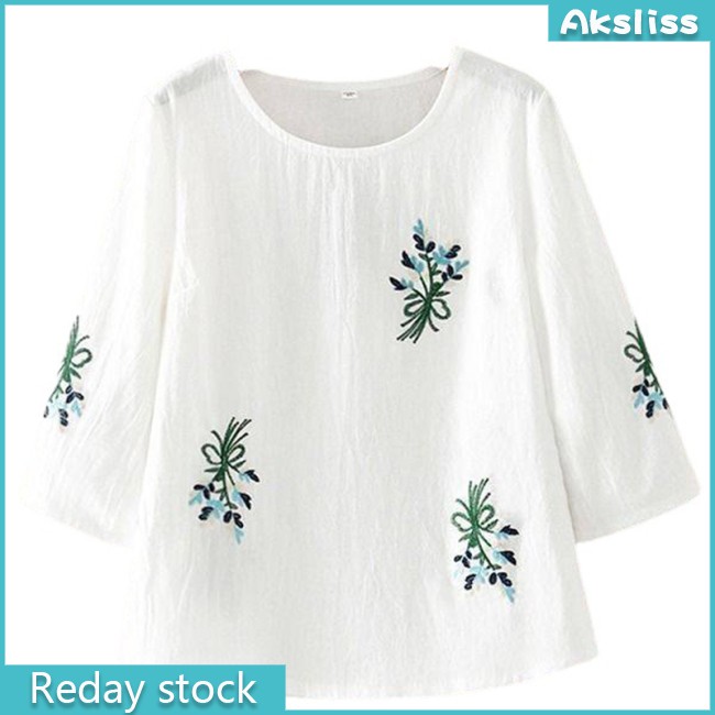 aksdiss New stock HOT! Women  Milk  Silk  T-shirt Embroidery Solid Background Large Size Seventh-sleeve Loose T-shirt