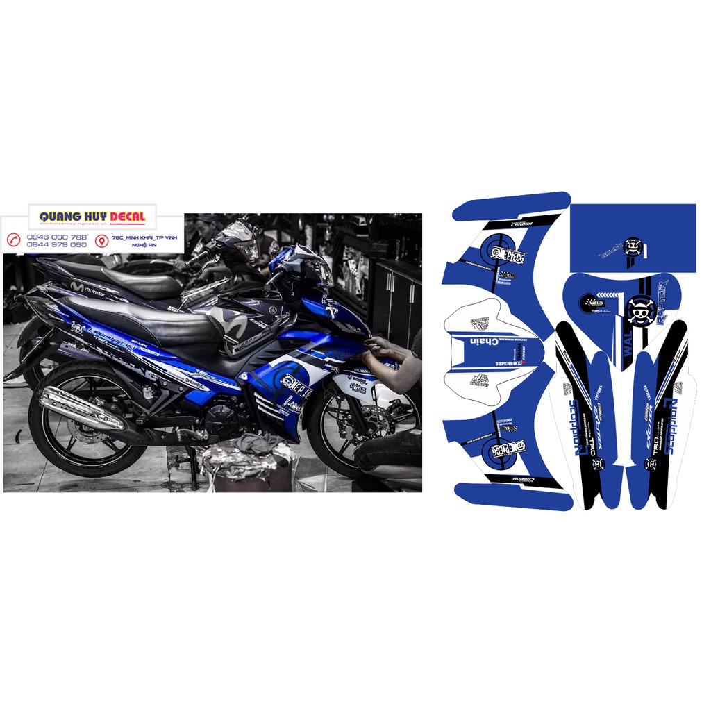 Tem trùm exciter 135 xanh đen trắng one piece, độ team decal xe ex dán đời 2011-2014