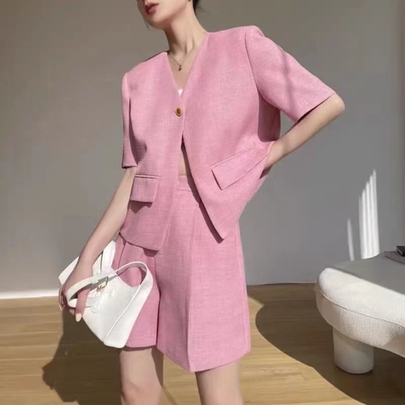 Set Áo Khoác Vest Cổ Chữ V + Quần Short Lưng Cao Thời Trang Mùa Hè 2022