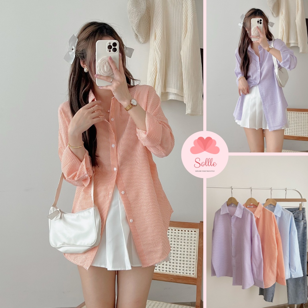 Áo sơ mi nữ dài tay kẻ sọc chất xốp đẹp dáng rộng không nhăn nhiều màu oversize Sollle