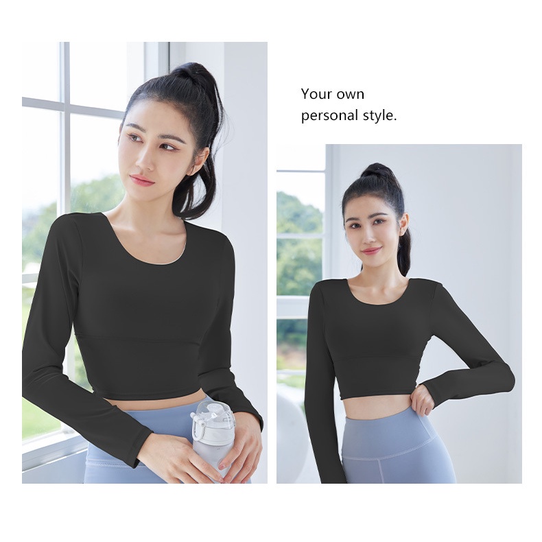 Áo Thun Thể Thao Tay Dài Có Mút Đệm Ngực Dây Chéo Lưng Thoáng Khí Tập Yoga