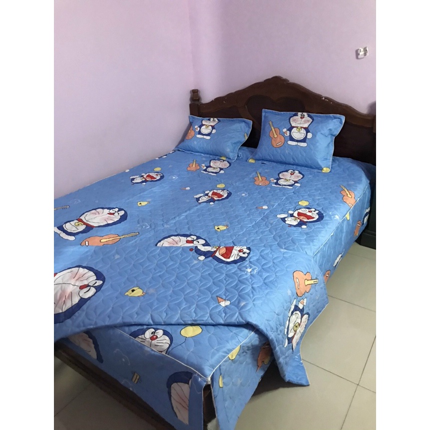 Bộ ga gối trần bông dày dặn, xẻ góc kèm 2 vỏ gối mẫu Doraemon Đàn  đủ size