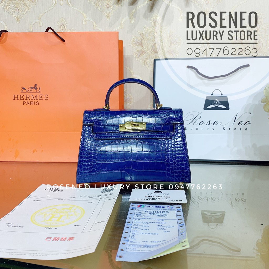 Túi HERMES KELLY MINI CÁ SẤU🐊 SUPER VIP ‼️fullbox , túi vải , card, bill màu xanh coban