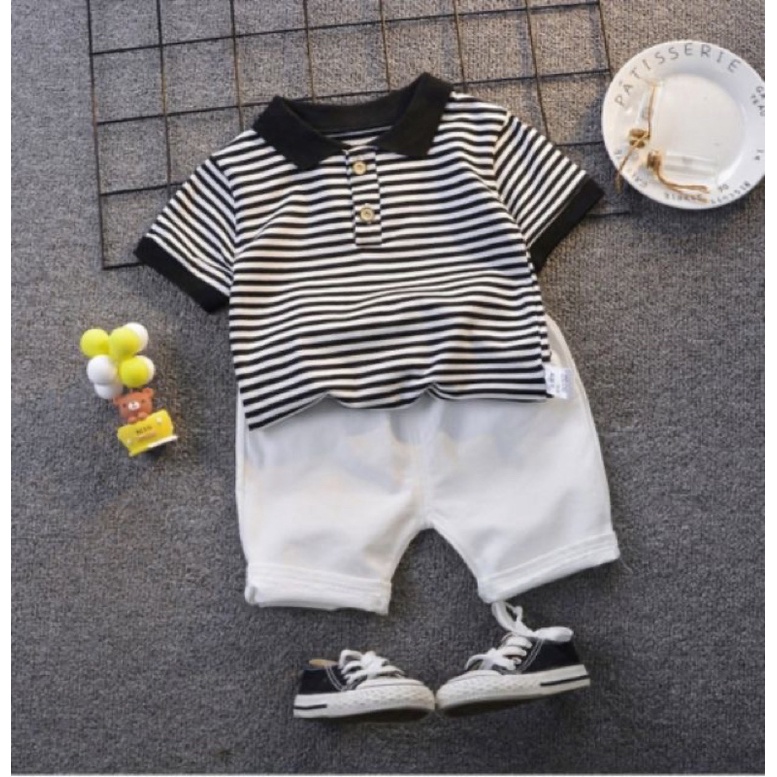 Set áo Polo kẻ bé trai