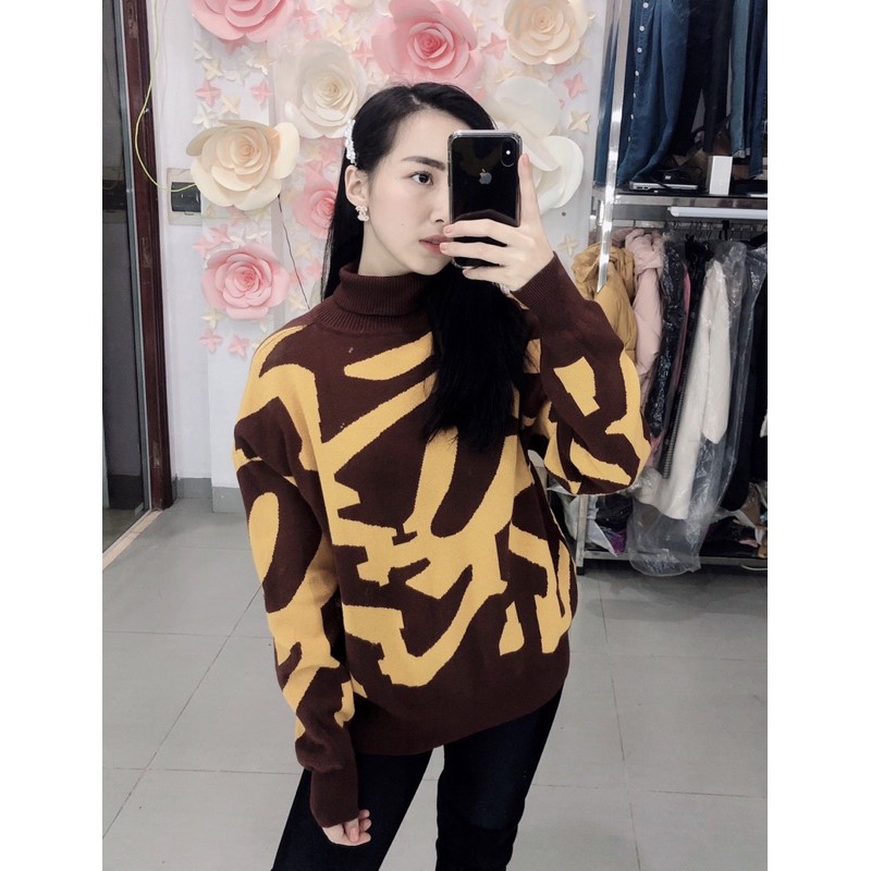 Áo len nữ cổ lọ phối màu cao cấp phong cách Hàn Quốc