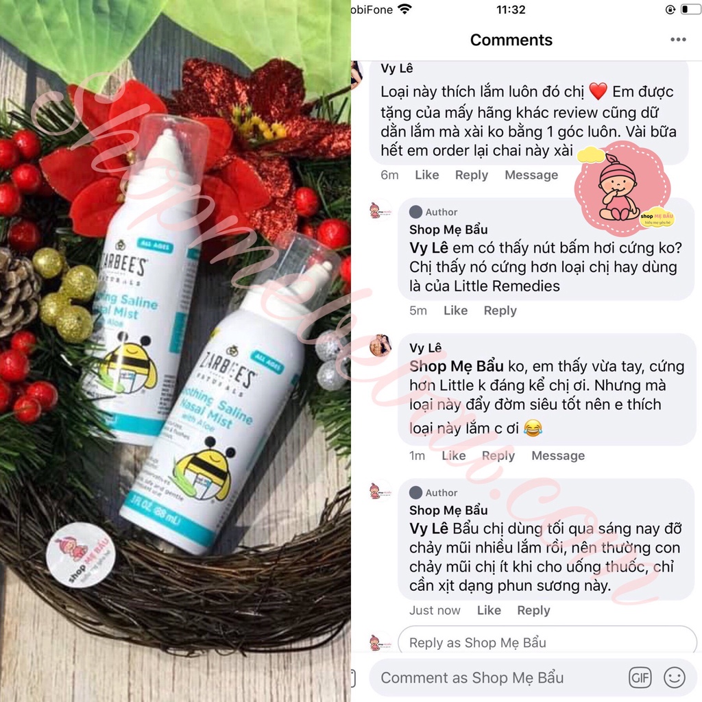 Xịt nghẹt mũi Zarbee's Soothing Saline Nasal Mist 88ml