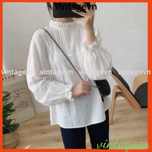 {vintagevn} áo babydoll tiểu thư A253 cổ ren tay bo quảng châu Thời trang Xmin HIHISHOPHAHA
