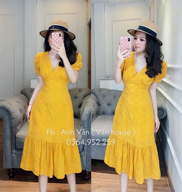 Đầm ren hoa cúc vải xô thái dày dặn siêu dễ thương