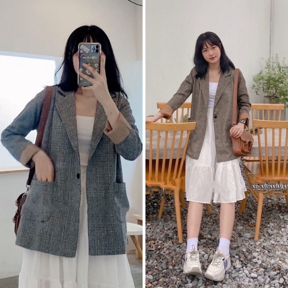 Áo khoác blazer túi hộp kẻ 2 màu Lucy Outfit thiết kế Áo vest kẻ nâu kẻ xám hottrend Hàn Quốc | BigBuy360 - bigbuy360.vn