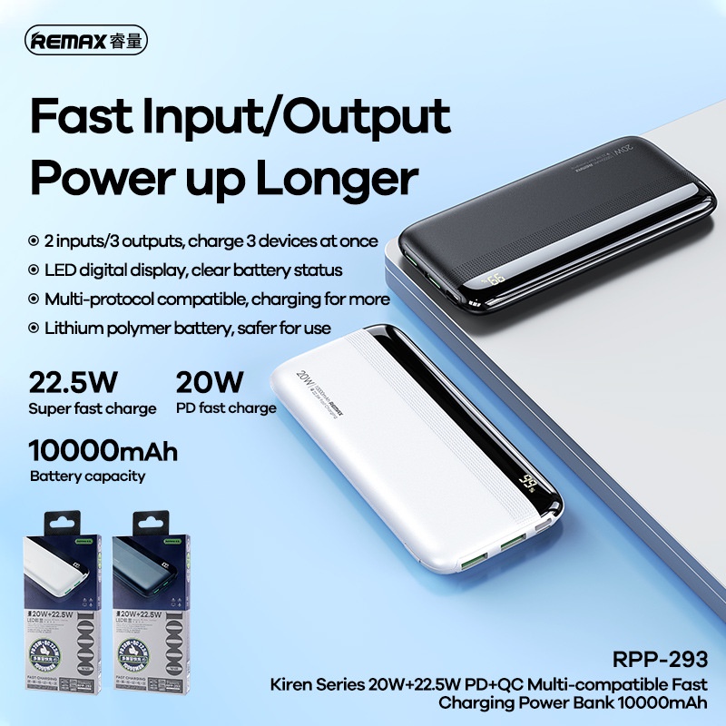 Pin dự phòng sạc nhanh Remax RPP-293 Kiren Series 10000mAh an toàn đi máy bay - hỗ trợ QC 22.5W và PD 20W