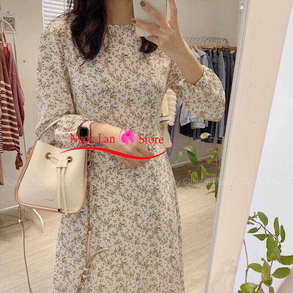 Váy Hoa Nhí Dáng Dài Thắt Nơ Eo Có Lớp lót Trong, Đầm hoa nhí cổ tròn dài tay, Đầm vintage thời trang