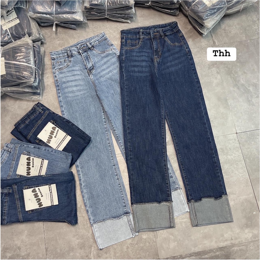 Quần Jeans Xắn Gấu | Quần Denim Nữ Cạp Cao Dáng Suông Ống Đứng Xắn Gấu Trẻ Trung Sành Điệu Phong Cách Hàn Quốc