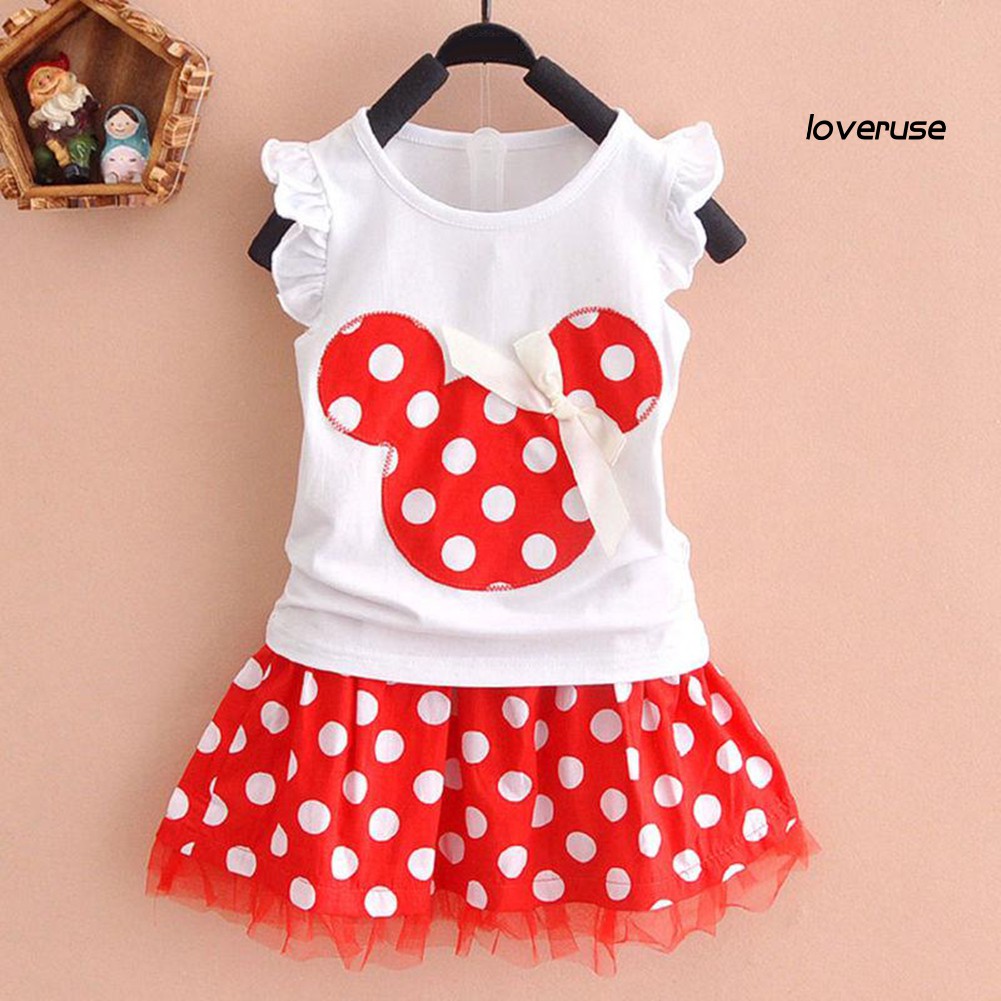 Set 2 Món Áo Thun Thắt Nơ Họa Tiết Chuột Minnie Phối Chân Váy Chấm Bi Dễ Thương Cho Bé Gái