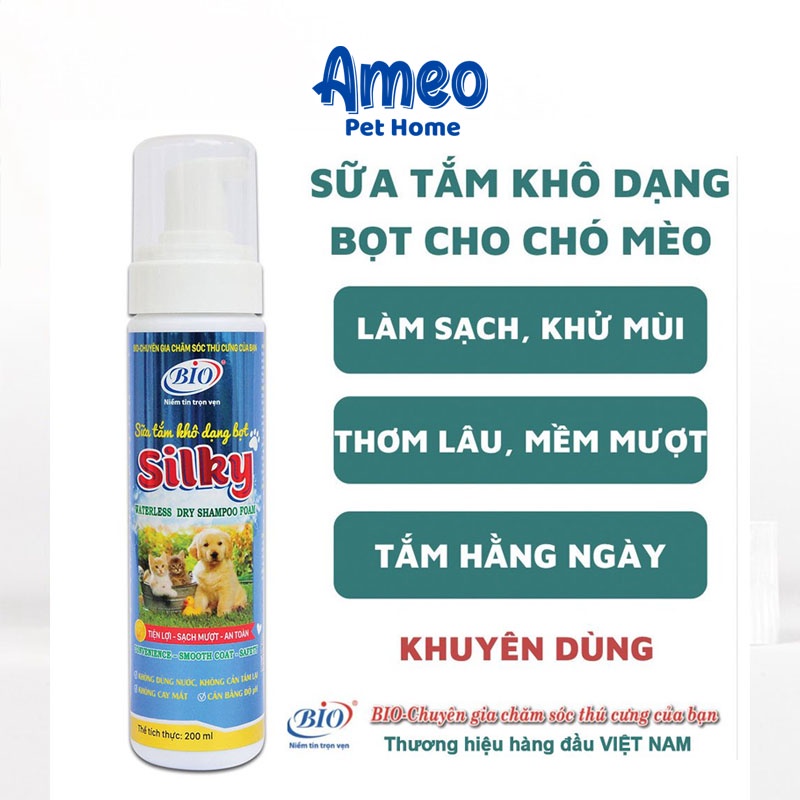 Sữa tắm khô chó mèo dạng bọt Bio Silky 200ml, xà bông khô thú cưng