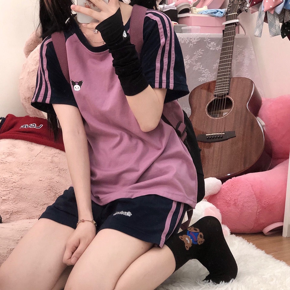 ✪Áo Thun Nhật Bản✪Bộ Đồ Thể Thao Hai Mảnh Áo Thun Tay Ngắn Phối Quần Short Dáng Rộng Mềm Mại Phong Cách Nhật Bản Dễ Thương Cho Bạn Gái