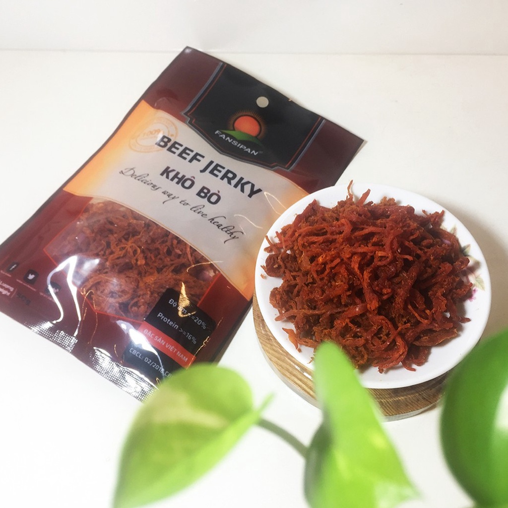 KHÔ BÒ SỢI  Fansipan thượng hạng gói 50g, bò khô sợi cay loại siêu ngon đặc sản Tasty Food