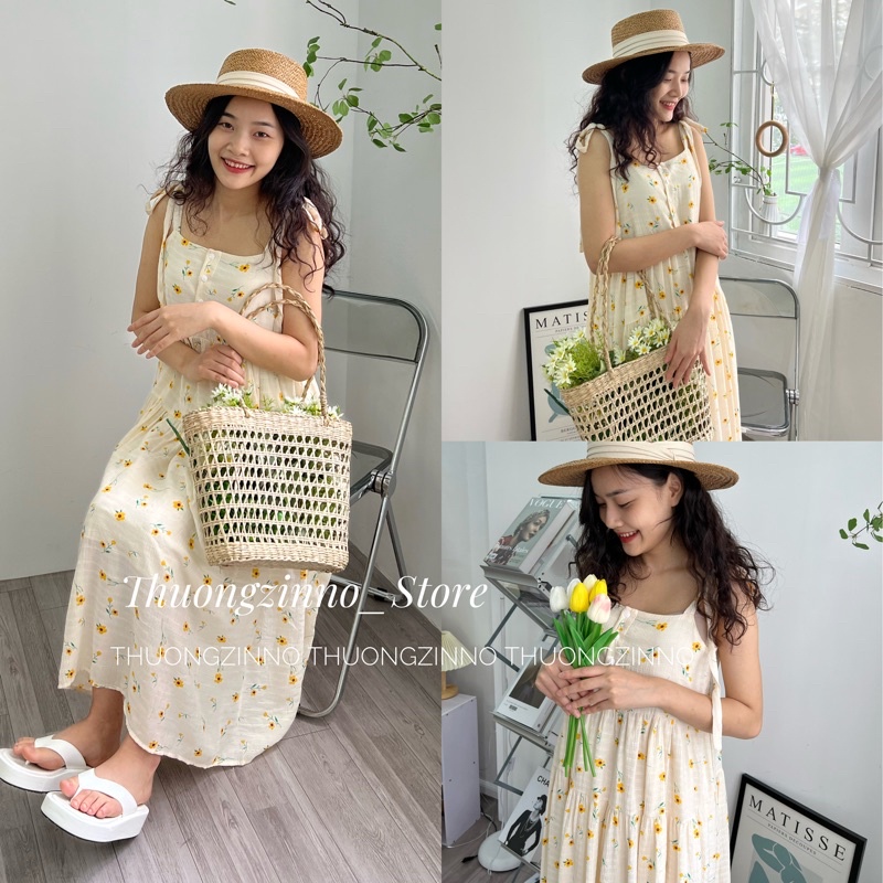 [Ảnh thật/Video]Váy hai dây hoa vàng yellow  hoạ tiết hoa lá Đầm hai dây lụa buộc vai  hoa vintage