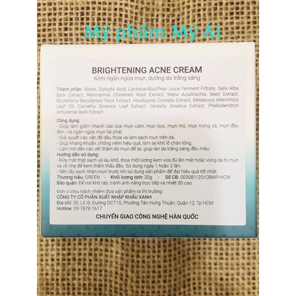 Kem Ngăn Ngừa mụn Green Korea Brightening Acne Cream 20g